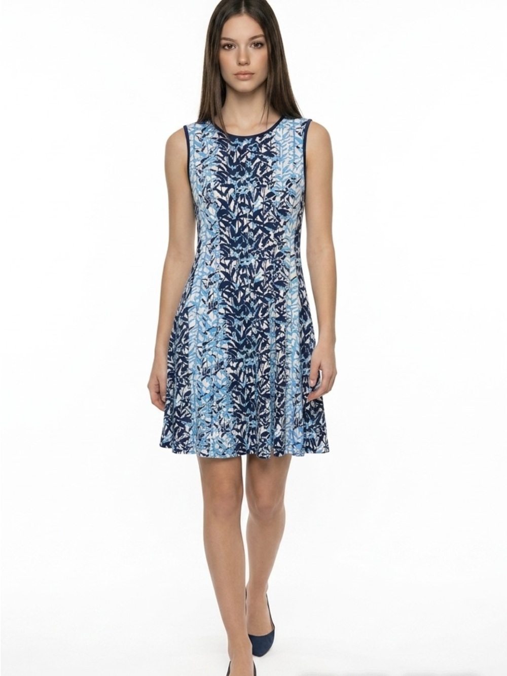 Sleeveless Blue Printed A-Line Dress